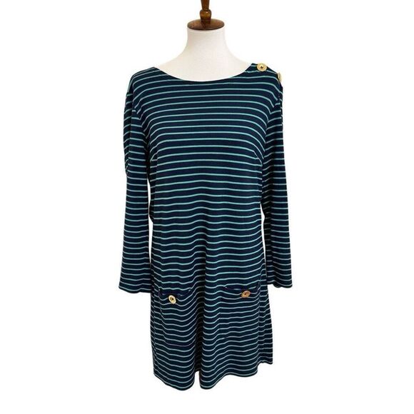 Sail to Sable Navy Blue & Green Striped Shift Dress Gold Buttons Size Large - Picture 1 of 6